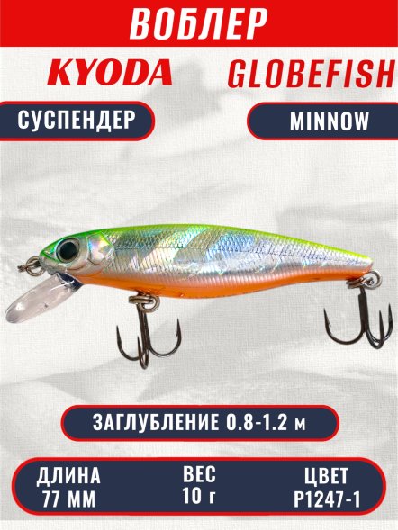 Воблер KYODA Globefish Minnow-77SP, длина 7,7 см, вес 10.0 гр цвет P1247-1, заглубление 0,8-1,2 м