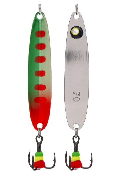 Блесна зимняя Condor 5813, вес 15,0 гр длина 70 мм цвет серебро с глазом/зеленый с красными точками 166#