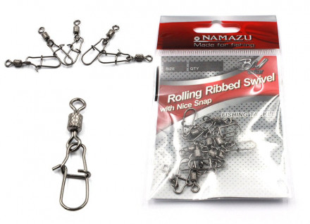 Вертлюг с застежкой Namazu ROLLING RIBBED SWIVEL WITH NICE SNAP, цв. BN, р. 2, test-65 кг, катаный у